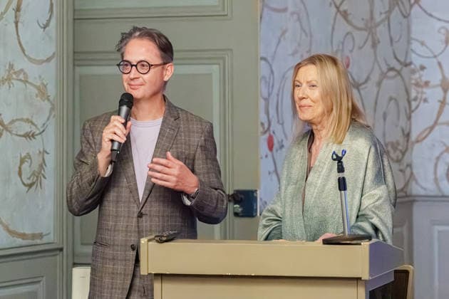 September 2, 2026, Düsseldorf Prof. Dr. Stefan Schweizer, Scientific Director of Benrath Palace, and Renate Aller, a New York-based director and photographer, on the sidelines of the opening reception for the Eva Rubinstein exhibition Proof of Life at the Museum of Garden Art, Benrath Palace, Düsseldorf. Benrath Palace, Museum of Garden Art, North Rhine-Westphalia, Germany