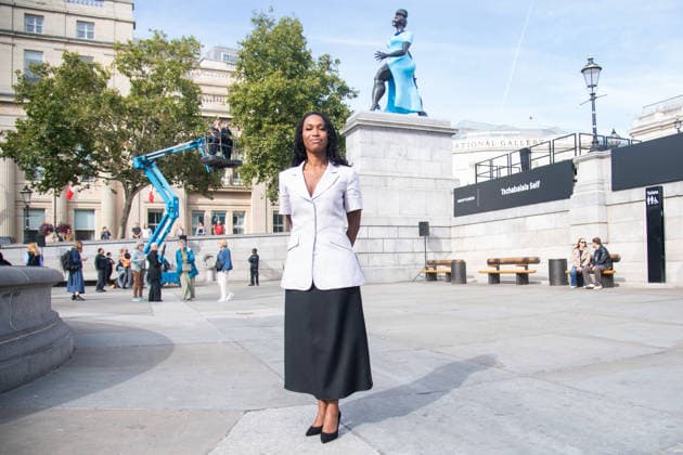Fourth Plinth Unveiling at Trafalgar Square, London, UK - 10 September, 2026 American Artist Tschabalala Self poses with her artwork Lady In Blue on the Fourth Plinth at Trafalgar Square, London, England, UK on Thursday 10 September, 2026., Credit:Justin Ng Avalon UK, England, London, Trafalgar Square Copyright: xJustinxNgx xAvalonx 1133037806