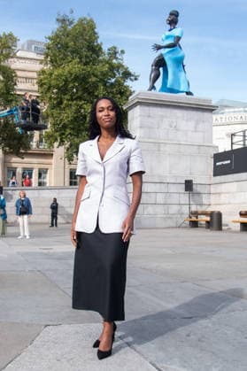 Fourth Plinth Unveiling at Trafalgar Square, London, UK - 10 September, 2026 American Artist Tschabalala Self poses with her artwork Lady In Blue on the Fourth Plinth at Trafalgar Square, London, England, UK on Thursday 10 September, 2026., Credit:Justin Ng Avalon UK, England, London, Trafalgar Square Copyright: xJustinxNgx xAvalonx 1133037809