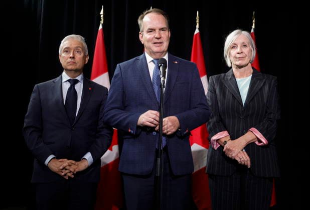 September 11, 2026, Banff, Ab, CANADA: Finance Minister Francois-Philippe Champagne, left to right, Transport Minister Steven MacKinnon and Jobs Minister Patty Hajdu speak to media during a cabinet retreat in Banff, Alta., Friday, Sept. 11, 2026. Banff CANADA - ZUMAc35_ 20260911_zaf_c35_022 Copyright: xJeffxMcintoshx