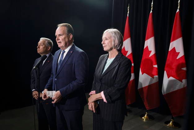 September 11, 2026, Banff, Ab, CANADA: Finance Minister Francois-Philippe Champagne, left to right, Transport Minister Steven MacKinnon and Jobs Minister Patty Hajdu speak to media during a cabinet retreat in Banff, Alta., Friday, Sept. 11, 2026. Banff CANADA - ZUMAc35_ 20260911_zaf_c35_020 Copyright: xJeffxMcintoshx