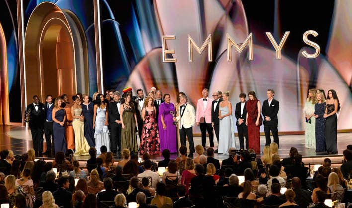 Taylor Dearden, Michael Hissrich, Terri Murphy, Simran Baidwan, Sepideh Moafi, Ned Haspel, R. Scott Gemmill, Erin Jontow, Joe Sachs, Katherine LaNasa and Gerran Howell accept the Outstanding Drama Series Award for The Pitt on stage during the 78th annual Primetime Emmy Awards at the Peacock Theater in Los Angeles on Monday, September 14, 2026. LAP20260914189 JIMxRUYMEN