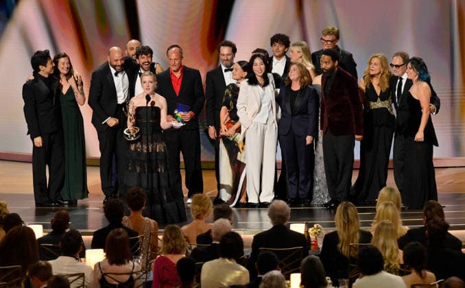 Cast and crew including Colton Dunn, presenter Woody Harrelson, Katie Dippold, Matthew Rhys, Carver Karaszewski, Neil Casey, Kingston Rumi Southwick, Jeff Hiller and Kevin Carroll, accept the Outstanding Comedy Series Award for Widow s Bay on stage during the 78th annual Primetime Emmy Awards at the Peacock Theater in Los Angeles on Monday, September 14, 2026. LAP20260914197 JIMxRUYMEN