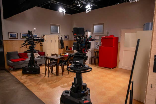 September 16, 2026, ARD telenovela *Sturm der Liebe*, photo shoot for Season 23 on the film set in Munich, at Bavaria Film in Geiselgasteig, in the studio set of the fictional Hotel Fürstenhof; TV cameras in Studio 16, September 2026, ARD series *Sturm der Liebe*, September 16, 2026, ARD series *Sturm der Liebe*
