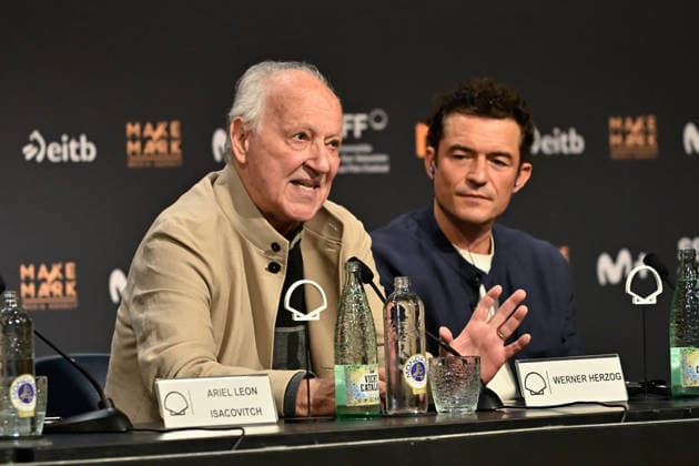 Werner Herzog Receives the Donostia Award at the San Sebastián Film Festival Director, screenwriter, producer, and actor Werner Herzog (left), accompanied by actor Orlando Bloom (right), speaks with the media before receiving the Donostia Award at the Kursaal on September 18, 2026, in San Sebastián, Guipúzcoa, Basque Country, Spain. Director, screenwriter, producer, and actor Werner Herzog will receive the Donostia Award in recognition of his career during the opening gala of the San Sebastián Film Festival, which will take place from September 18 to 26 for its 74th edition. The Festival’s highest honorary distinction for the German filmmaker will be accompanied by a screening of his new feature film, ‘Bucking Fastard,’ which competed at t Copyright: xArnaitzxRubiox 7783886