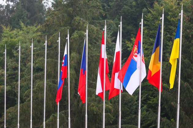 State flags of participating countries fly on the flagpoles during the Carpathian 8 Summit in Ivano-Frankivsk region, Ukraine, September 18, 2026. On this day, President of Ukraine Volodymyr Zelenskyy announced the launch of a new format - the Carpathian Eight (C8) - comprising Austria, the Czech Republic, Hungary, Poland, Romania, Serbia, Slovakia, and Ukraine. (Photo by Yurii Rylchuk Ukrinform) Carpathian 8 Summit in western Ukraine Copyright: xYuriixRylchukx