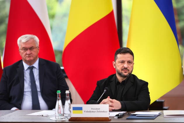President of Ukraine Volodymyr Zelenskyy (right) and Minister of Foreign Affairs of Ukraine Andrii Sybiha participate in the first plenary session of the Carpathian 8 Summit in Ivano-Frankivsk region, Ukraine, September 18, 2026. On this day, President of Ukraine Volodymyr Zelenskyy announced the launch of a new format - the Carpathian Eight (C8) - comprising Austria, the Czech Republic, Hungary, Poland, Romania, Serbia, Slovakia, and Ukraine. (Photo by Yurii Rylchuk Ukrinform) Carpathian 8 Summit in western Ukraine Copyright: xYuriixRylchukx