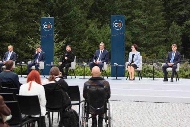 Prime Minister of Poland Donald Tusk, President of Romania Nicusor Dan, President of Ukraine Volodymyr Zelenskyy, President of Serbia Aleksandar Vucic, President of the Federal Council of Austria Christine Schwarz-Fuchs, and State Secretary of the Ministry of Foreign and European Affairs of Slovakia Marek Estok (left to right) participate in a news conference during the Carpathian 8 Summit in Ivano-Frankivsk region, Ukraine, September 18, 2026. On this day, President of Ukraine Volodymyr Zelenskyy announced the launch of a new format - the Carpathian Eight (C8) - comprising Austria, the Czech Republic, Hungary, Poland, Romania, Serbia, Slovakia, and Ukraine. (Photo by Yurii Rylchuk Ukrinform) Carpathian 8 Summit in western Ukraine Copyright: xYuriixRylchukx