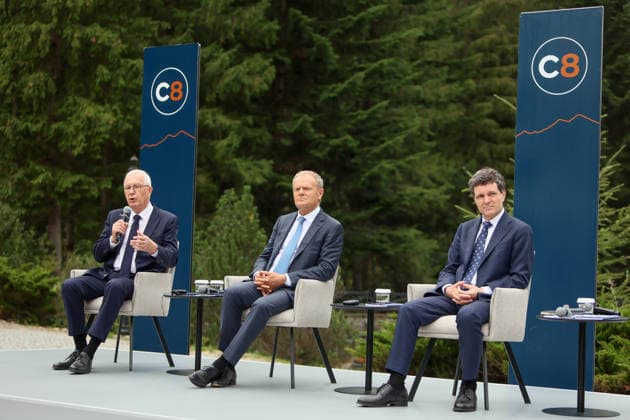 First Vice-President of the Senate of the Czech Republic Jiri Drahos, Prime Minister of Poland Donald Tusk, and President of Romania Nicusor Dan (left to right) attend a news conference during the Carpathian 8 Summit in Ivano-Frankivsk region, Ukraine, September 18, 2026. On this day, President of Ukraine Volodymyr Zelenskyy announced the launch of a new format - the Carpathian Eight (C8) - comprising Austria, the Czech Republic, Hungary, Poland, Romania, Serbia, Slovakia, and Ukraine. (Photo by Yurii Rylchuk Ukrinform) Carpathian 8 Summit in western Ukraine Copyright: xYuriixRylchukx