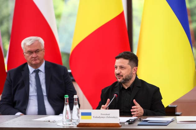 President of Ukraine Volodymyr Zelenskyy (right) and Minister of Foreign Affairs of Ukraine Andrii Sybiha participate in the first plenary session of the Carpathian 8 Summit in Ivano-Frankivsk region, Ukraine, September 18, 2026. On this day, President of Ukraine Volodymyr Zelenskyy announced the launch of a new format - the Carpathian Eight (C8) - comprising Austria, the Czech Republic, Hungary, Poland, Romania, Serbia, Slovakia, and Ukraine. (Photo by Yurii Rylchuk Ukrinform) Carpathian 8 Summit in western Ukraine Copyright: xYuriixRylchukx