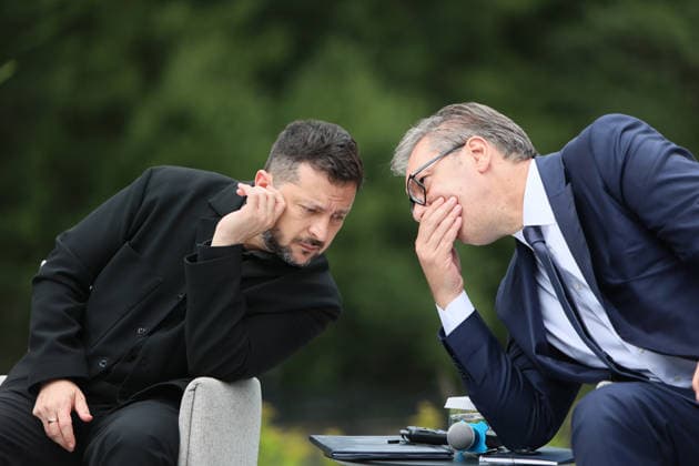 President of Ukraine Volodymyr Zelenskyy (left) and President of Serbia Aleksandar Vucic talk during a news conference at the Carpathian 8 Summit in Ivano-Frankivsk region, Ukraine, September 18, 2026. On this day, President of Ukraine Volodymyr Zelenskyy announced the launch of a new format - the Carpathian Eight (C8) - comprising Austria, the Czech Republic, Hungary, Poland, Romania, Serbia, Slovakia, and Ukraine. (Photo by Yurii Rylchuk Ukrinform) Carpathian 8 Summit in western Ukraine Copyright: xYuriixRylchukx