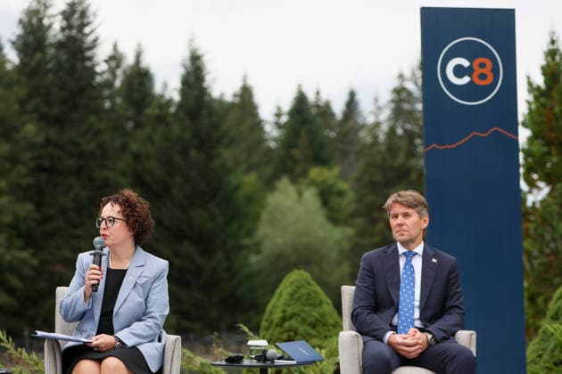 President of the Federal Council of Austria Christine Schwarz-Fuchs and State Secretary of the Ministry of Foreign and European Affairs of Slovakia Marek Estok participate in a news conference at the Carpathian 8 Summit in Ivano-Frankivsk region, Ukraine, September 18, 2026. On this day, President of Ukraine Volodymyr Zelenskyy announced the launch of a new format - the Carpathian Eight (C8) - comprising Austria, the Czech Republic, Hungary, Poland, Romania, Serbia, Slovakia, and Ukraine. (Photo by Yurii Rylchuk Ukrinform) Carpathian 8 Summit in western Ukraine Copyright: xYuriixRylchukx
