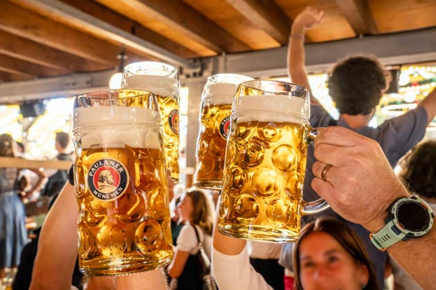 Oktoberfest 2026, Oktoberfest visitors clink their beer mugs together, Paulaner beer, Paulaner tent, Munich, September 19, 2026, Germany, Munich, September 19, 2026, Oktoberfest 2026, Wiesn visitors clink their beer mugs together, Paulaner beer, a great atmosphere in the Paulaner Festzelt run by festival host L