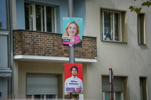 Berlin, Germany, September 20, 2026: Election posters for CDU candidate Vivien Keilbar and Die Linke candidate Niklas Schenker for the Berlin House of Representatives election, as seen on the streets of Charlottenburg. CDU, The Left, election posters, Berlin election, House of Representatives election, 2026 election, election campaign, political parties, candidates, Charlottenburg Copyright: xAlonxDavidx