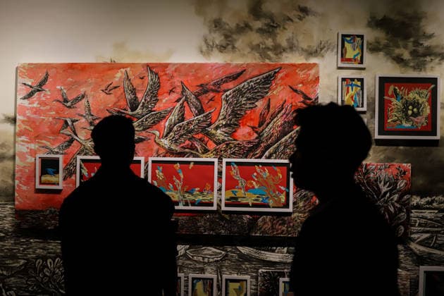 September 20, 2026, Surabaya, East Java, Indonesia: Visitors observe contemporary artworks at the ArtSubs 2026 exhibition at Balai Pemuda, Surabaya, East Java, Indonesia, on September 20, 2026. Titled border, threshold, beyond, the art exhibition features 500 works by 113 artists from across Indonesia, serving as a response to the public s need for a space of contemplation, reflection, and entertainment. Surabaya Indonesia - ZUMAp290 20260920_zip_p290_004 Copyright: xRendyxAgungxPrakosox