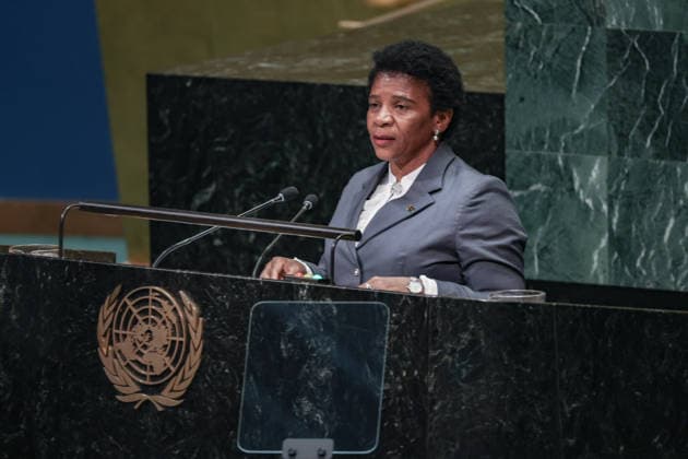 September 26, 2026, New York, New York, United States: ILZA MARIA DOS SANTOS AMADO VAZ, Minister of Foreign Affairs, Cooperation and Communities of Sao Tome and Principe, addresses the General Debate of the 81st UN General Assembly, highlighting the vulnerability of small island states to climate change and rising sea levels, alongside the countryâ€⠢s priorities on renewable energy, sustainable development and its maritime economy. New York United States - ZUMAo116 20260926_znp_o116_165 Copyright: xBiancaxOterox
