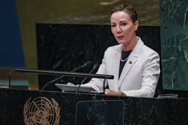 September 26, 2026, New York, New York, United States: KAMINA JOHNSON SMITH, Minister of Foreign Affairs and Foreign Trade of Jamaica, addresses the General Debate of the 81st UN General Assembly, with Jamaica focusing on sustained international support for Haiti, climate resilience and access to financing for vulnerable island states, alongside efforts to combat transnational organised crime, gangs and illicit weapons flows across the Caribbean. New York United States - ZUMAo116 20260926_znp_o116_162 Copyright: xBiancaxOterox