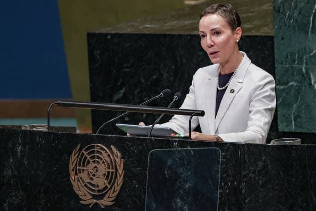 September 26, 2026, New York, New York, United States: KAMINA JOHNSON SMITH, Minister of Foreign Affairs and Foreign Trade of Jamaica, addresses the General Debate of the 81st UN General Assembly, with Jamaica focusing on sustained international support for Haiti, climate resilience and access to financing for vulnerable island states, alongside efforts to combat transnational organised crime, gangs and illicit weapons flows across the Caribbean. New York United States - ZUMAo116 20260926_znp_o116_159 Copyright: xBiancaxOterox