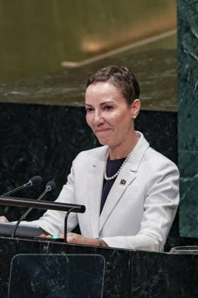 September 26, 2026, New York, New York, United States: KAMINA JOHNSON SMITH, Minister of Foreign Affairs and Foreign Trade of Jamaica, addresses the General Debate of the 81st UN General Assembly, with Jamaica focusing on sustained international support for Haiti, climate resilience and access to financing for vulnerable island states, alongside efforts to combat transnational organised crime, gangs and illicit weapons flows across the Caribbean. New York United States - ZUMAo116 20260926_znp_o116_156 Copyright: xBiancaxOterox