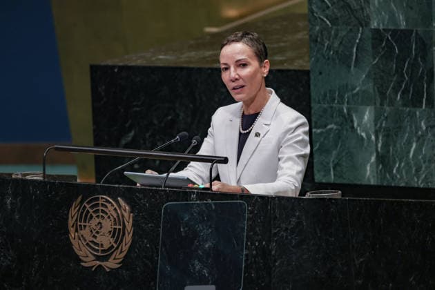 September 26, 2026, New York, New York, United States: KAMINA JOHNSON SMITH, Minister of Foreign Affairs and Foreign Trade of Jamaica, addresses the General Debate of the 81st UN General Assembly, with Jamaica focusing on sustained international support for Haiti, climate resilience and access to financing for vulnerable island states, alongside efforts to combat transnational organised crime, gangs and illicit weapons flows across the Caribbean. New York United States - ZUMAo116 20260926_znp_o116_153 Copyright: xBiancaxOterox