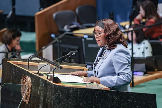 September 26, 2026, New York, New York, United States: MARIE-EDITH TASSYLA-YE-DOUMBENENY, Minister of Foreign Affairs and Cooperation of Gabon, addresses the General Debate of the 81st UN General Assembly, representing President Brice Clotaire Oligui Nguema, as Gabon highlights multilateral cooperation, climate and forest protection, security and sustainable development. New York United States - ZUMAo116 20260926_znp_o116_146 Copyright: xBiancaxOterox