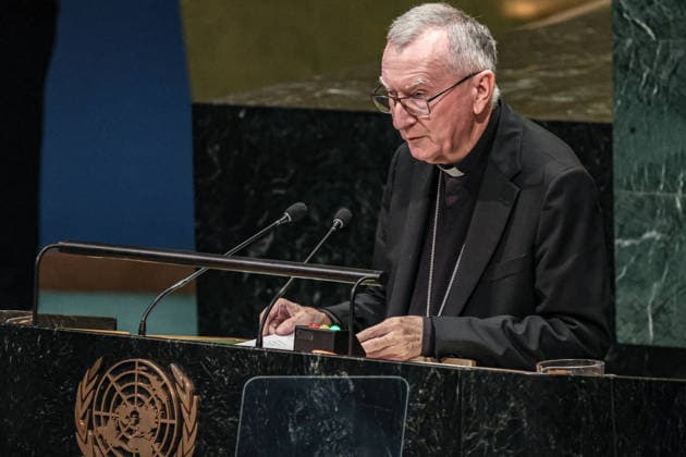 September 26, 2026, New York, New York, United States: His Eminence Cardinal PIETRO PAROLIN, Secretary of State of the Holy See, addresses the General Debate of the 81st UN General Assembly. Parolin focused on ongoing conflicts, including Gaza and Ukraine, and called for dialogue, respect for international law, protection of civilians and stronger multilateral cooperation in confronting global crises. New York United States - ZUMAo116 20260926_znp_o116_027 Copyright: xBiancaxOterox
