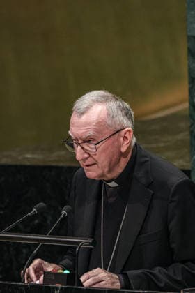 September 26, 2026, New York, New York, United States: His Eminence Cardinal PIETRO PAROLIN, Secretary of State of the Holy See, addresses the General Debate of the 81st UN General Assembly. Parolin focused on ongoing conflicts, including Gaza and Ukraine, and called for dialogue, respect for international law, protection of civilians and stronger multilateral cooperation in confronting global crises. New York United States - ZUMAo116 20260926_znp_o116_029 Copyright: xBiancaxOterox