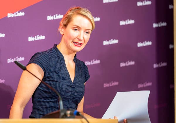 Ines Schwerdtner, EUR, Germany, Berlin, September 28, 2026: Press conference by Ines Schwerdtner, chairwoman of the party Die Linke, at the Karl Liebknecht House on current issues: the complaint filed against Federal Minister Dobrindt, long-term care reform, expropriation or socialization, and the resignation of Jens Spahn