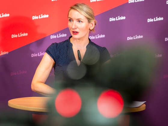 Ines Schwerdtner, EUR, Germany, Berlin, September 28, 2026 Press conference by Ines Schwerdtner, chairwoman of the party Die Linke, at the Karl Liebknecht Haus on current issues: the complaint filed against Federal Minister Dobrindt, long-term care reform, expropriation or socialization, and the resignation of Jens Spahn