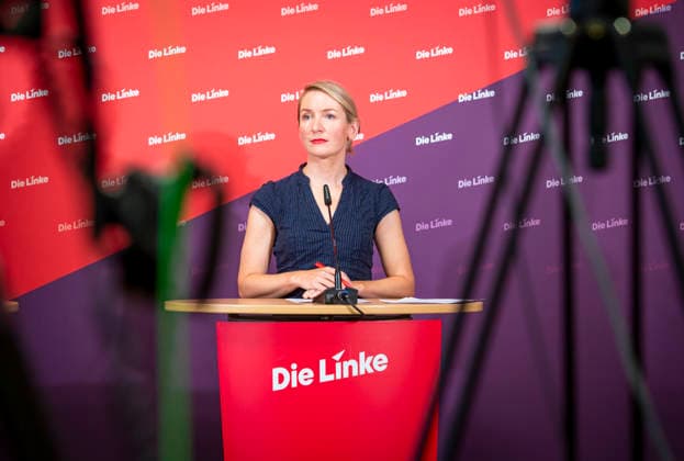 Ines Schwerdtner, EUR, Germany, Berlin, September 28, 2026 Press conference by Ines Schwerdtner, chairwoman of the party Die Linke, at the Karl Liebknecht Haus on current issues: the complaint filed against Federal Minister Dobrindt, long-term care reform, expropriation or socialization, and the resignation of Jens Spahn