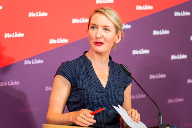 Ines Schwerdtner, EUR, Germany, Berlin, September 28, 2026 Press conference by Ines Schwerdtner, chairwoman of the party Die Linke, at the Karl Liebknecht Haus on current issues: the complaint filed against Federal Minister Dobrindt, long-term care reform, expropriation or socialization, and the resignation of Jens Spahn
