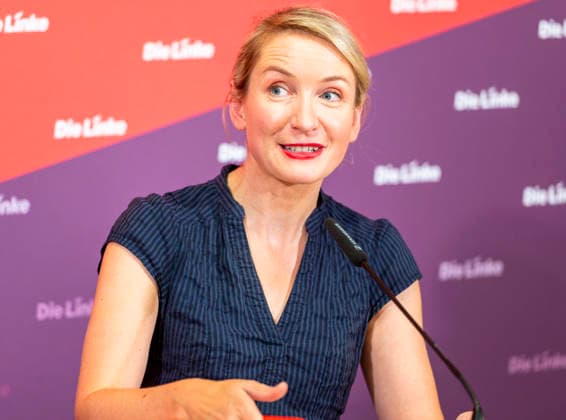 Ines Schwerdtner, EUR, Germany, Berlin, September 28, 2026 Press conference by Ines Schwerdtner, chairwoman of the party Die Linke, at the Karl Liebknecht Haus on current issues: the complaint filed against Federal Minister Dobrindt, long-term care reform, expropriation or socialization, and the resignation of Jens Spahn