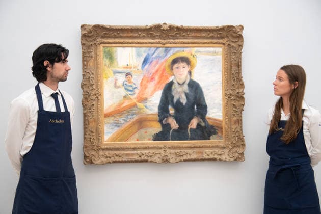Sotheby s Highlights from the Blaquier-Arrieta Collection Sale at Sotheby s, London Art handlers hold En Canot (Jeune fille a la barque) by Pierre-Auguste Renoir (est. $25m - $35m USD) as part of Sotheby s Highlights from the Blaquier-Arrieta Collection Sale which is to go on public view from 30th September - 1st October before being travelling to Taipei, Hong Kong and Paris ahead of the sale in New York on 18th November 2026 at Sotheby s, London, England, UK on Wednesday 30 September, 2026., Credit:Justin Ng Avalon UK, England, London, Sotheby s Copyright: xJustinxNgx xAvalonx 1139440703