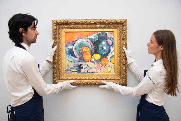 Sotheby s Highlights from the Blaquier-Arrieta Collection Sale at Sotheby s, London Art handlers hold Nature morte a la cruche bleue by Maurice de Vlaminck (est. $2m-$3m USD) as part of Sotheby s Highlights from the Blaquier-Arrieta Collection Sale which is to go on public view from 30th September - 1st October before being travelling to Taipei, Hong Kong and Paris ahead of the sale in New York on 18th November 2026 at Sotheby s, London, England, UK on Wednesday 30 September, 2026., Credit:Justin Ng Avalon UK, England, London, Sotheby s Copyright: xJustinxNgx xAvalonx 1139440714