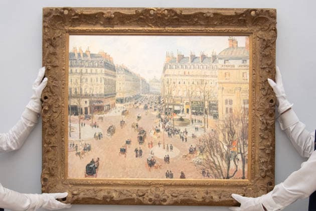 Sotheby s Highlights from the Blaquier-Arrieta Collection Sale at Sotheby s, London Art handlers hold La Place du Thà âtre Francais est l avenue de l Opera, soleil d apres-midi en hiver by Camille Pissarro (est $30m - $40m) as part of Sotheby s Highlights from the Blaquier-Arrieta Collection Sale which is to go on public view from 30th September - 1st October before being travelling to Taipei, Hong Kong and Paris ahead of the sale in New York on 18th November 2026 at Sotheby s, London, England, UK on Wednesday 30 September, 2026., Credit:Justin Ng Avalon UK, England, London, Sotheby s Copyright: xJustinxNgx xAvalonx 1139440750