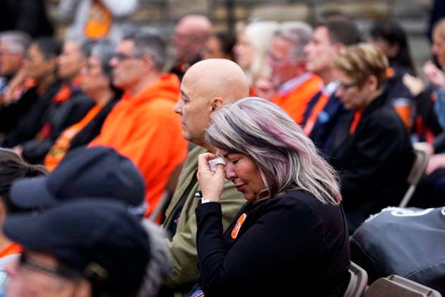 September 30, 2026, Ottawa, On, CAN: Metis National Council President Victoria Pruden wipes her eye as she listens to remarks from Metis Residential School Survivor Ann Lafleur, not shown, during the re-raising of the Survivor s Flag ceremony on Parliament Hill in Ottawa, on National Day for Truth and Reconciliation, Wednesday, Sept. 30, 2026. Ottawa CAN - ZUMAc35_ 20260930_zaf_c35_006 Copyright: xJustinxTangx