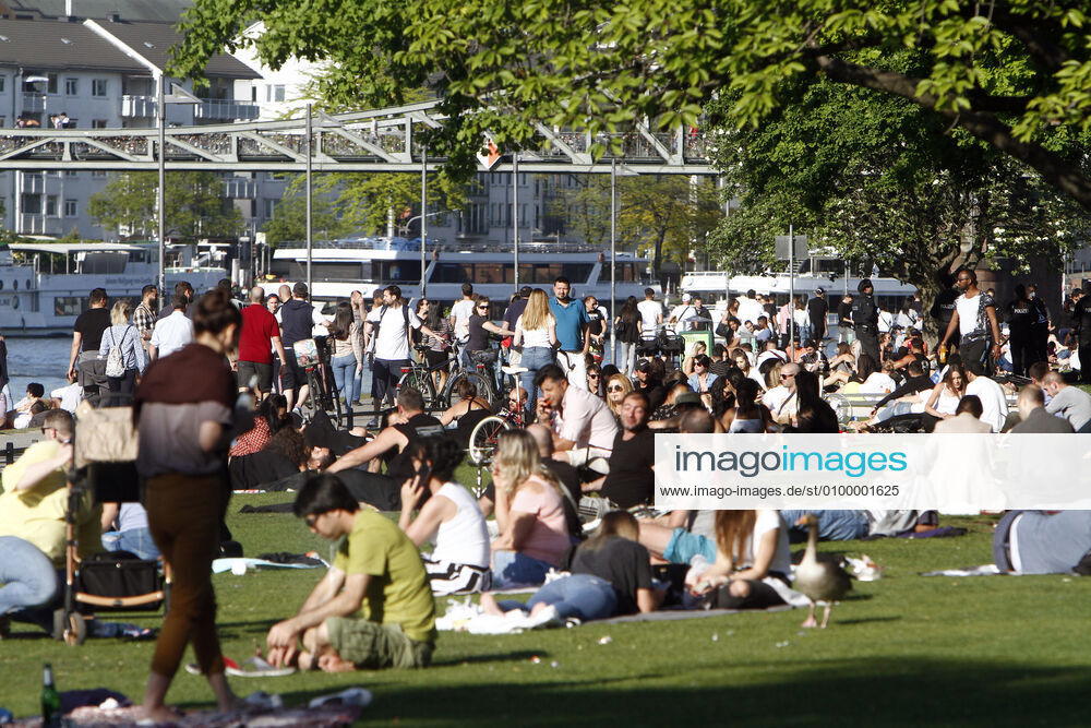 Despite the coronavirus crisis, curfews and contact bans, large numbers of sun-seekers enjoy the warm temperatures and sunshine on a sunbathing lawn on the banks of the Main in downtown Frankfurt and do not always keep the minimum distance.