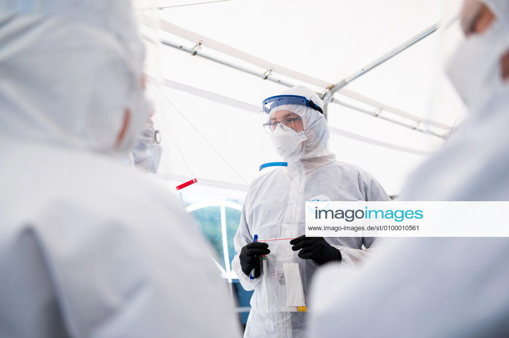 Medic seen during his work holding test kit at the covid-19 drive thru in Gdansk. .The covid-19 drive thru testing center was opened in Gdansk on April 27. Tests are taken after prior registration. Patients without getting out of the car may be tested for coronavirus. Gdansk Poland - ZUMAs227 20200427_zip_s227_007