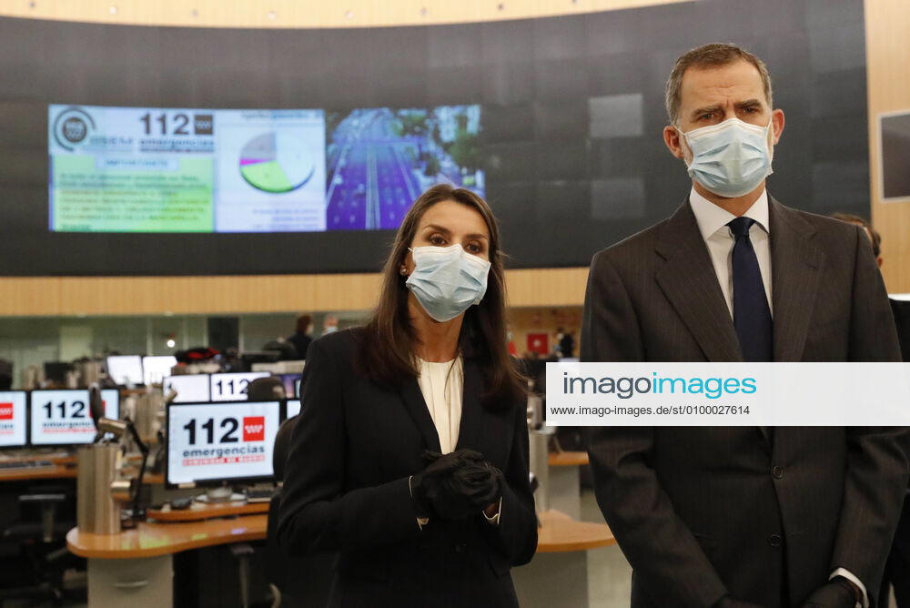 King Felipe VI of Spain, Queen Letizia of Spain visit 112 facilities on April 27, 2020 in Madrid, Spain (C) PPE Thorton pool Madrid Spain