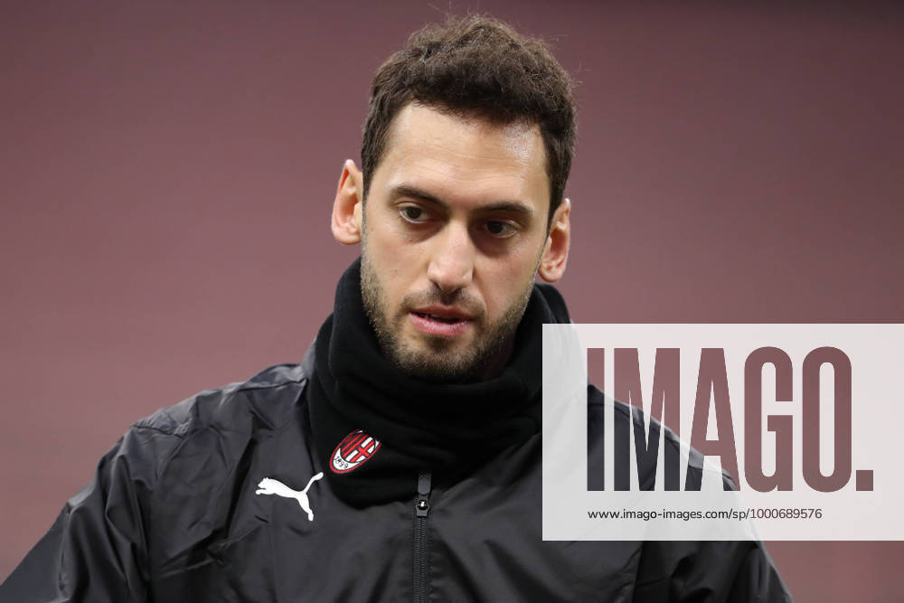 Hakan Calhanoglu of AC Milan during the warm up prior to the Serie A match at Giuseppe Meazza, Milan. Picture date: 7th February 2021. Picture credit should read: Jonathan Moscrop Sportimage . SPI-0895-0083
