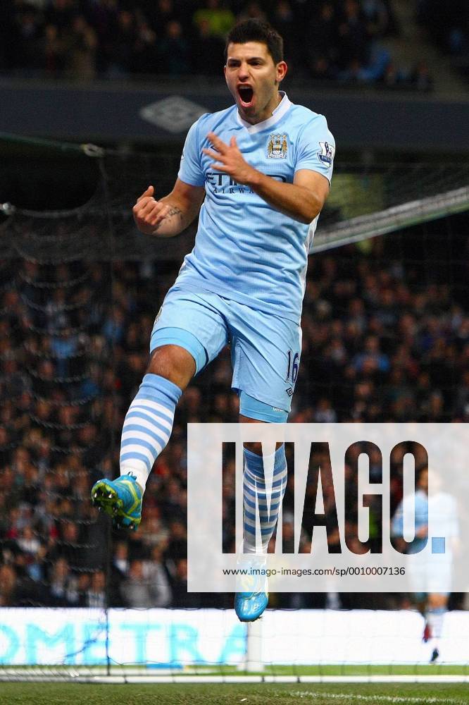 Football - Premier League - Manchester City vs. Blackburn Rovers Sergio Kun Aguero of Manchester City celebrates scoring his sides second goal at the Etihad Stadium