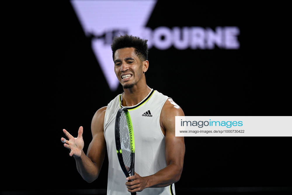 TENNIS AUSTRALIAN OPEN, Michael Mmoh of the USA reacts during his second Round Men s singles match against Rafael Nadal of Spain on Day 4 of the Australian Open at Melbourne Park in Melbourne, Thursday, February 11, 2021. ( NO ARCHIVING, , NO USE IN BOOKS WITHOUT CONSENT MELBOURNE VIC AUSTRALIA