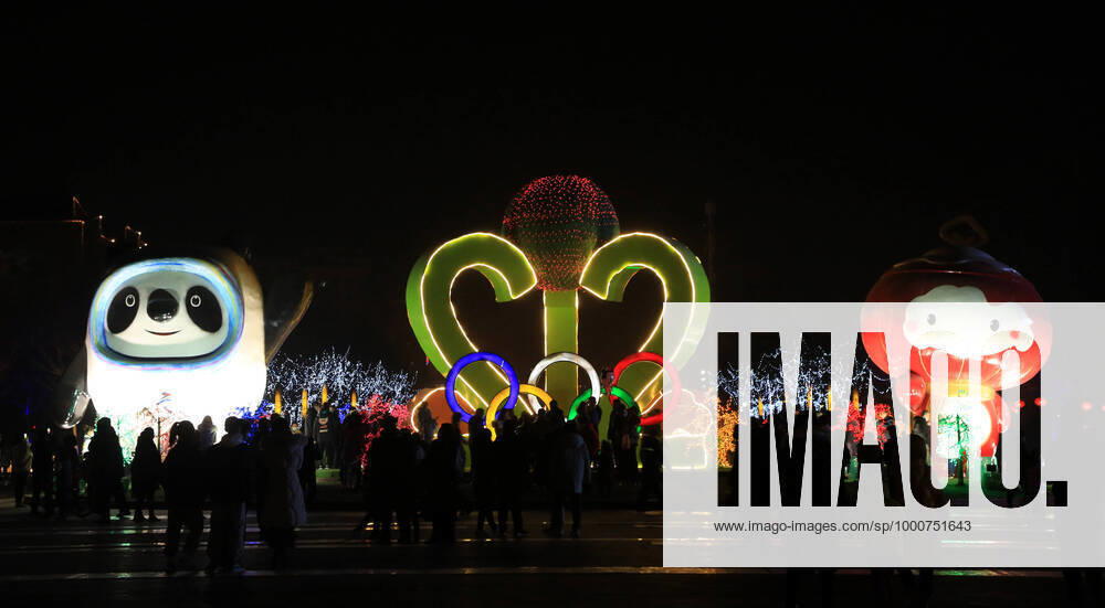 The mascot of Beijing 2022 Olympic Winter games, Winterspiele,Spiele, Summer games Bing Dwen Dwen and the mascot of Beijing 2022 Paralympic Winter Games Shuey Rhon Rhon are illuminated at a square on the first day of Spring Festival holiday on February 12, 2021 in Zhangjiakou, Hebei Province of China.