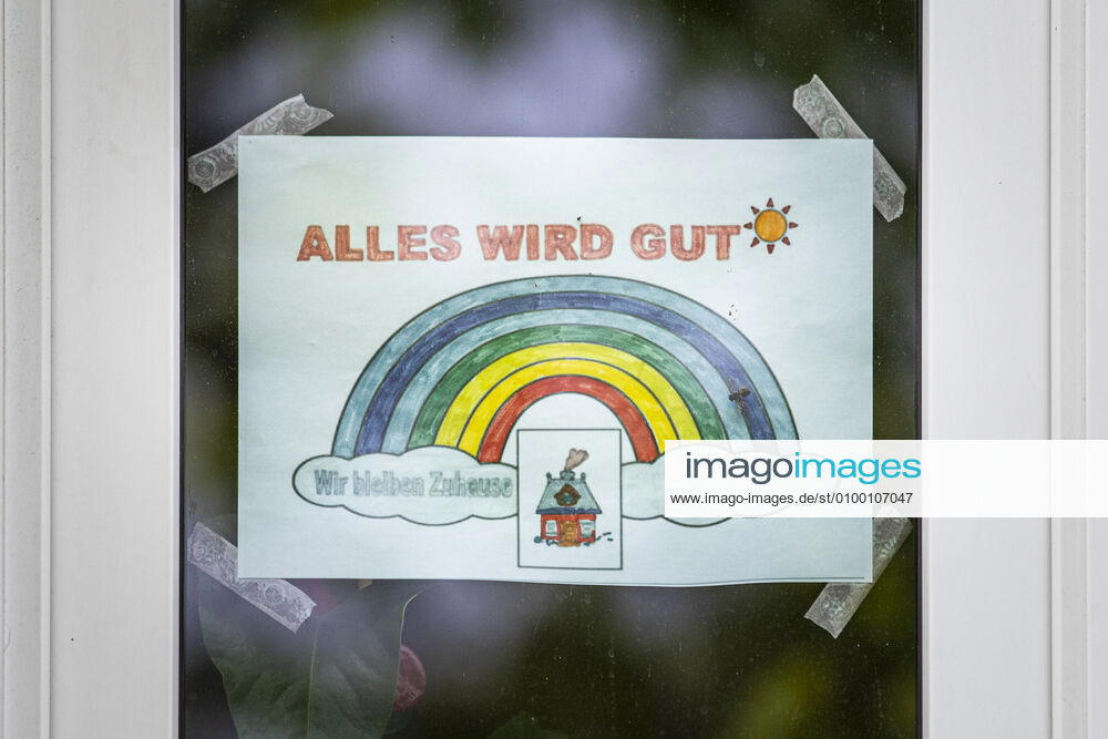 A piece of paper with a rainbow and the inscription Alles wird gut haengt in einem Fenster in Berlin, 28 04 2020 Berlin Germany