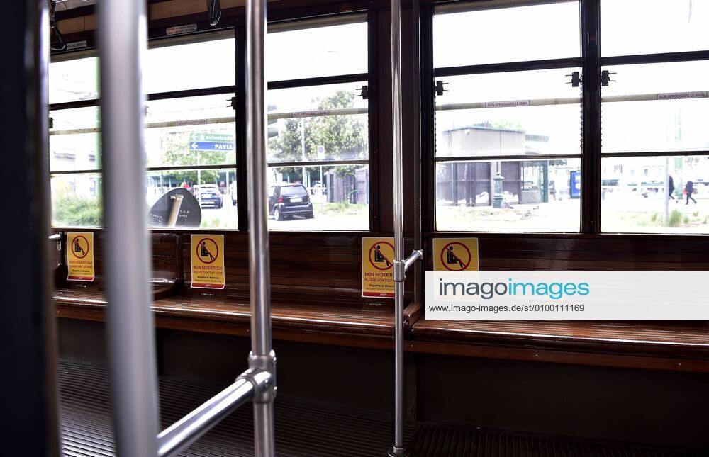 Milan, Coronavirus new signage for phase 2, respecting the sea distances inside the trams that in the stops, Advertising on Trams, public transport Atm (Duilio Piaggesi Fotogramma, Milan - 2020-04-28) p.s. la foto e utilizzabile nel rispetto del contesto in cui e stata scattata, e senza intento diffamatorio del decoro delle persone rappresentate