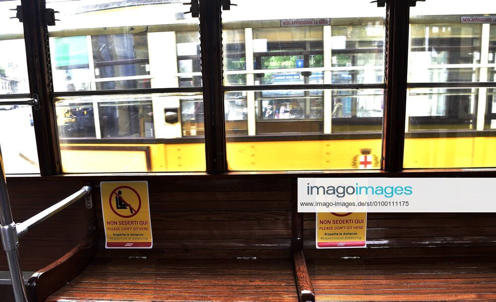 Milan, Coronavirus new signage for phase 2, respecting the sea distances inside the trams that in the stops, Advertising on Trams, public transport Atm (Duilio Piaggesi Fotogramma, Milan - 2020-04-28) p.s. la foto e utilizzabile nel rispetto del contesto in cui e stata scattata, e senza intento diffamatorio del decoro delle persone rappresentate