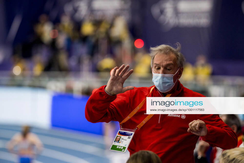 Belgian athletics coach Roger Lespagnard pictured in action during the shot put of the women pentathlon event of the European Athletics Indoor Championships, in Torun, Poland, Friday 05 March 2021. The championships take place from 4 to 7 March. JASPERxJACOBS x05975788x
