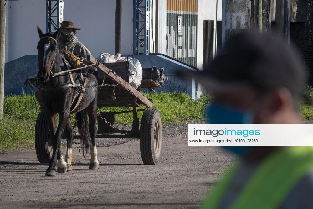 Coronavirus, Eindrücke aus Argentinien April 28, 2020, Firmat, Santa Fe, Argentina: A man using a scarf as face mask and driving a horse-drawn cart crosses the route after passing a check point established on one of three open accesses to the city. The daily life of a little country town has seen a big change due to the COVID-19 outbreak. Firmat Argentina - ZUMAm105 20200428_zaf_m105_006