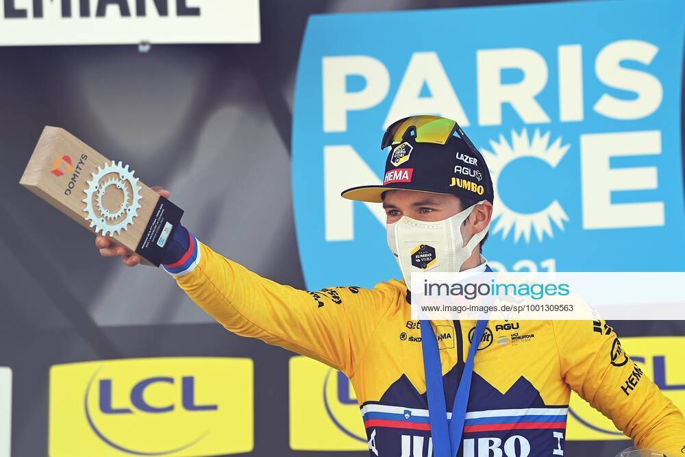 VALDEBLORE LA COLMIANE, FRANCE - MARCH 13 : ROGLIC Primoz (SLO) of Team Jumbo-Visma celebrates the victory during the podium ceremony of stage 7 of the 79th edition of the 2021 Paris - Nice cycling race, a stage of 119,2 kms between Le Broc and station Valdeblore La Colmiane on March 13, 2021 in Valdeblore La Colmiane, France, 13 03 2021 CYCLISME : Paris - Nice 2021 - Etape 7 - Le Broc a station Valdeblore La Colmiane - 13 03 2021 Photonews Panoramic