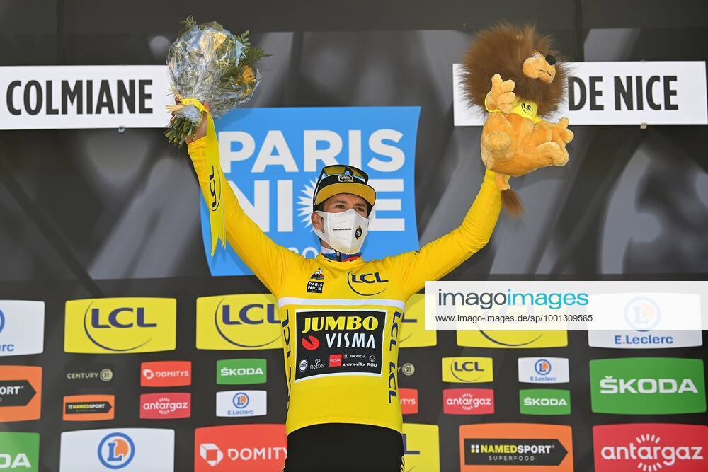 VALDEBLORE LA COLMIANE, FRANCE - MARCH 13 : ROGLIC Primoz (SLO) of Team Jumbo-Visma celebrates the victory in the yellow jersey during the podium ceremony of stage 7 of the 79th edition of the 2021 Paris - Nice cycling race, a stage of 119,2 kms between Le Broc and station Valdeblore La Colmiane on March 13, 2021 in Valdeblore La Colmiane, France, 13 03 2021 CYCLISME : Paris - Nice 2021 - Etape 7 - Le Broc a station Valdeblore La Colmiane - 13 03 2021 Photonews Panoramic